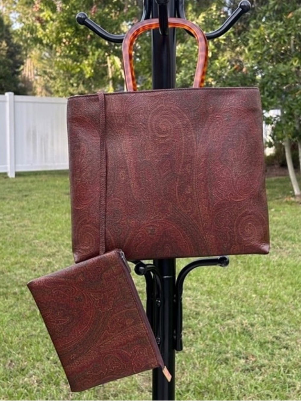 Etro Milano paisley tote bag with a tortoise handle and zipped pouch